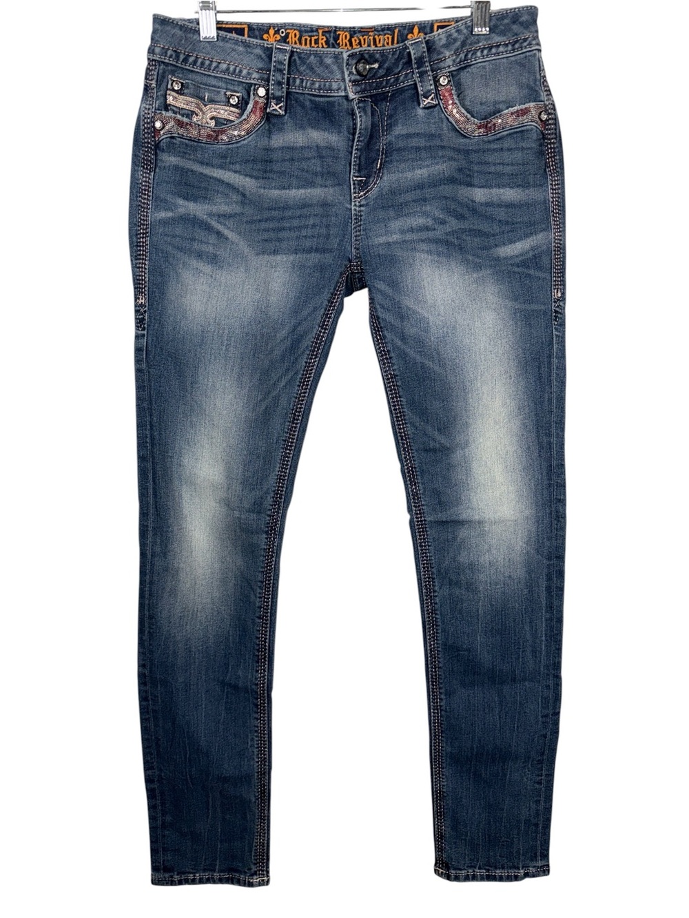 Rock Revival Women's Skinny Jeans with Embellished Pockets - Dark Blue - Picture 2 of 7